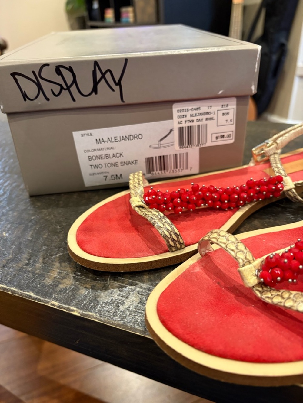 BCBG Max Azria Red Beaded Clear T-Strap Sandals, size 7.5